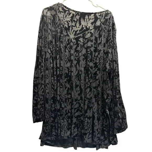 Roaman's Black Burnout Velvet Tunic Top 28W Gold Embroidered Boho Goth - Picture 7 of 9